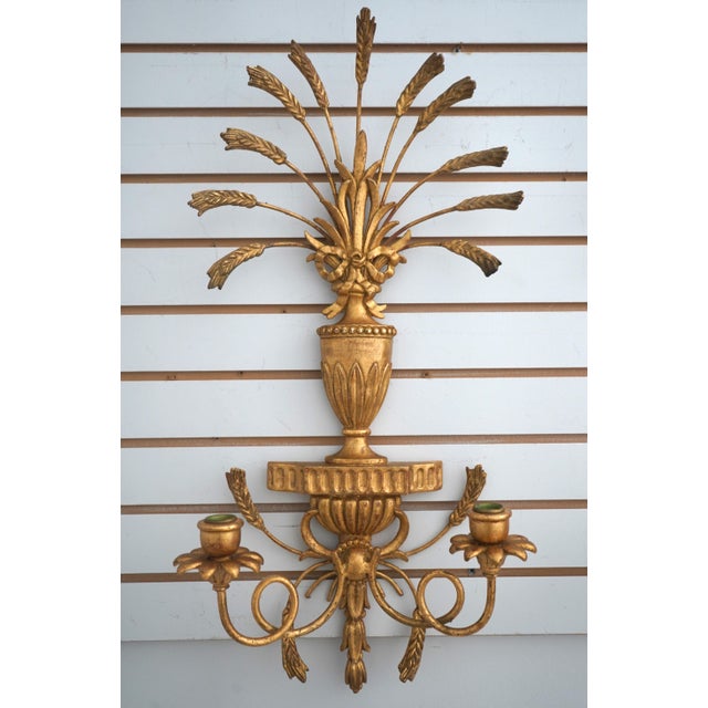 Italian 1990s Pair of Italian Gold Wheat Sheaf Candelabra Wall Sconces For Sale - Image 3 of 12