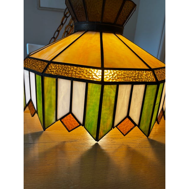 Mid-Century Modern Vintage Glass Swag Light-Amber, Green, Ivory With Metal Trim For Sale - Image 3 of 5