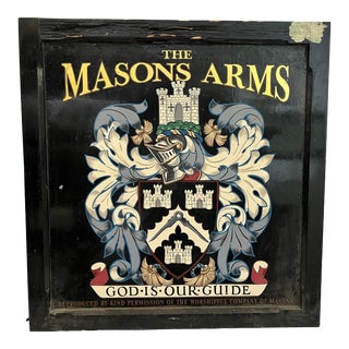 Vintage Double Sided English Pub Sign on Wood the Masonic Arms God Is Our Guide For Sale