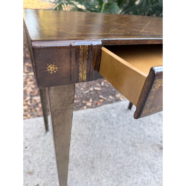 Leather Faux Book Table With Metal Tapered Legs - Maitland Smith Style For Sale - Image 9 of 12