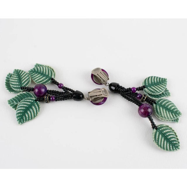 Angela Caputi Angela Caputi Dangle Resin Clip Earrings Green and Purple Leaves Design For Sale - Image 4 of 8