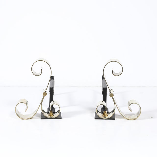 Mid-Century Modernist Scroll Form Andirons in Polished Brass For Sale - Image 10 of 10