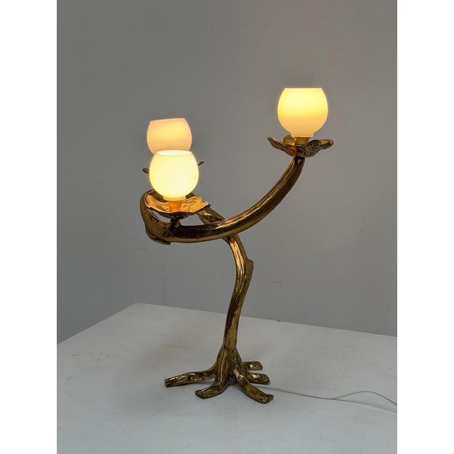Sculptural Bronze Table Lamp with Opaline Glass Shades For Sale - Image 3 of 6