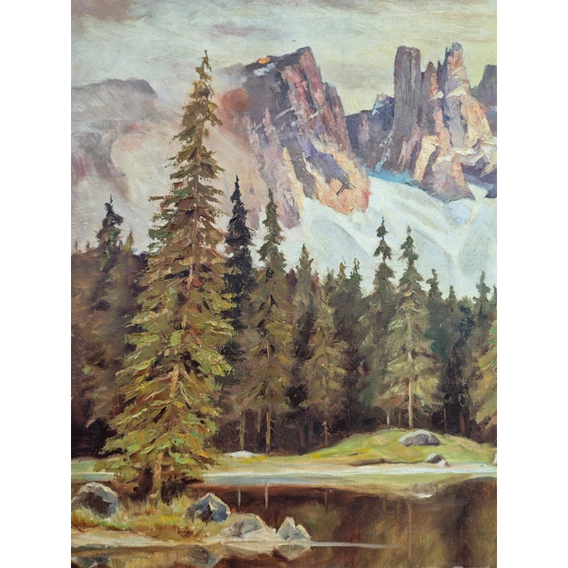 Forest Green Carezza Lake and Latemar, Dolomites, 1950s, Oil on Canvas For Sale - Image 8 of 15