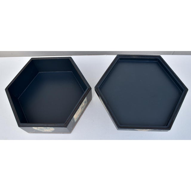 Vtg. Hexagonal Shaped Box With Asian Style Vessels For Sale - Image 14 of 15