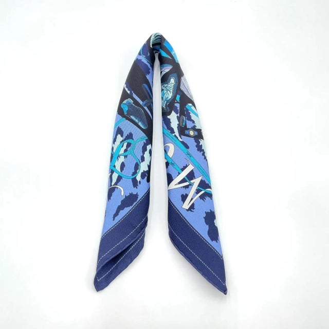French A 2000s Monsieur Et Madame Blue Silk Square Scarf by Hermès For Sale - Image 3 of 14
