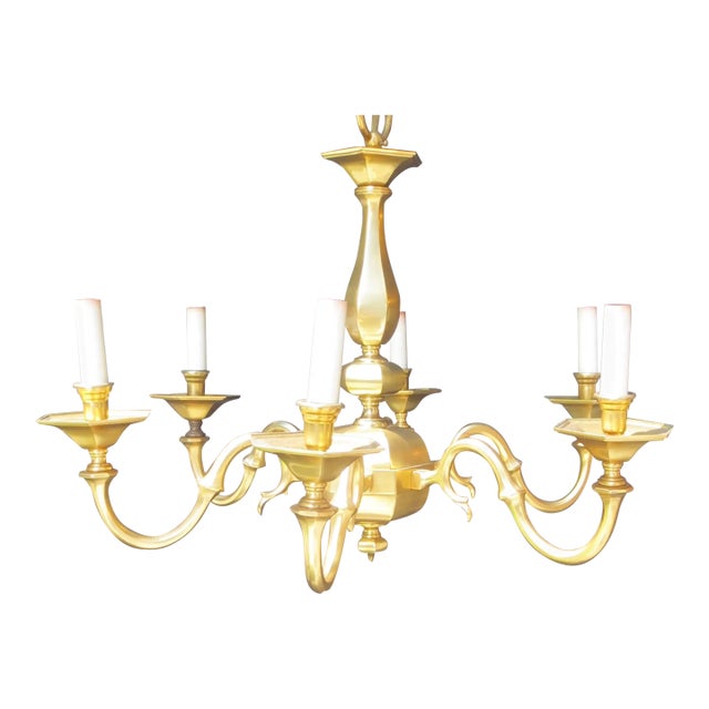 Vintage Satin Brass 6-Arm Hexagon Chandelier For Sale