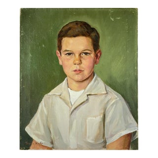 1954 Signed Tsune Kato Tokyo Oil Portrait of a Boy, Mid-Century Modern Japanese Academic Realism, Post-War Art, Sage Green Wall Decor For Sale