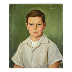 1954 Signed Tsune Kato Tokyo Oil Portrait of a Boy, Mid-Century Modern Japanese Academic Realism, Post-War Art, Sage Green Wall Decor