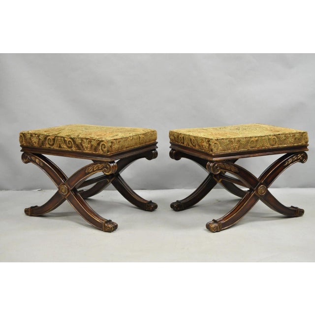 Late 20th Century Ethan Allen Alexis X-Frame Regency Style Curule Footstool Stool Ottoman - A Pair For Sale - Image 12 of 12