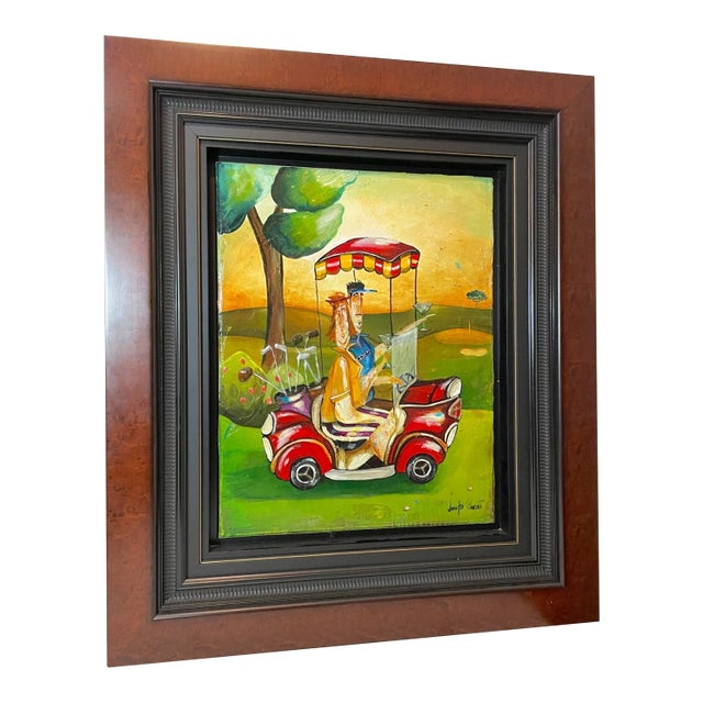 1980s Original Jennifer Garant Two for the Road Golf Pop Acrylic Painting on Canvas For Sale