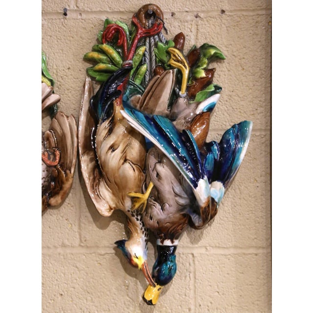 Pair Early 20th Century French Barbotine Majolica Game Bird Wall Pockets For Sale - Image 4 of 14