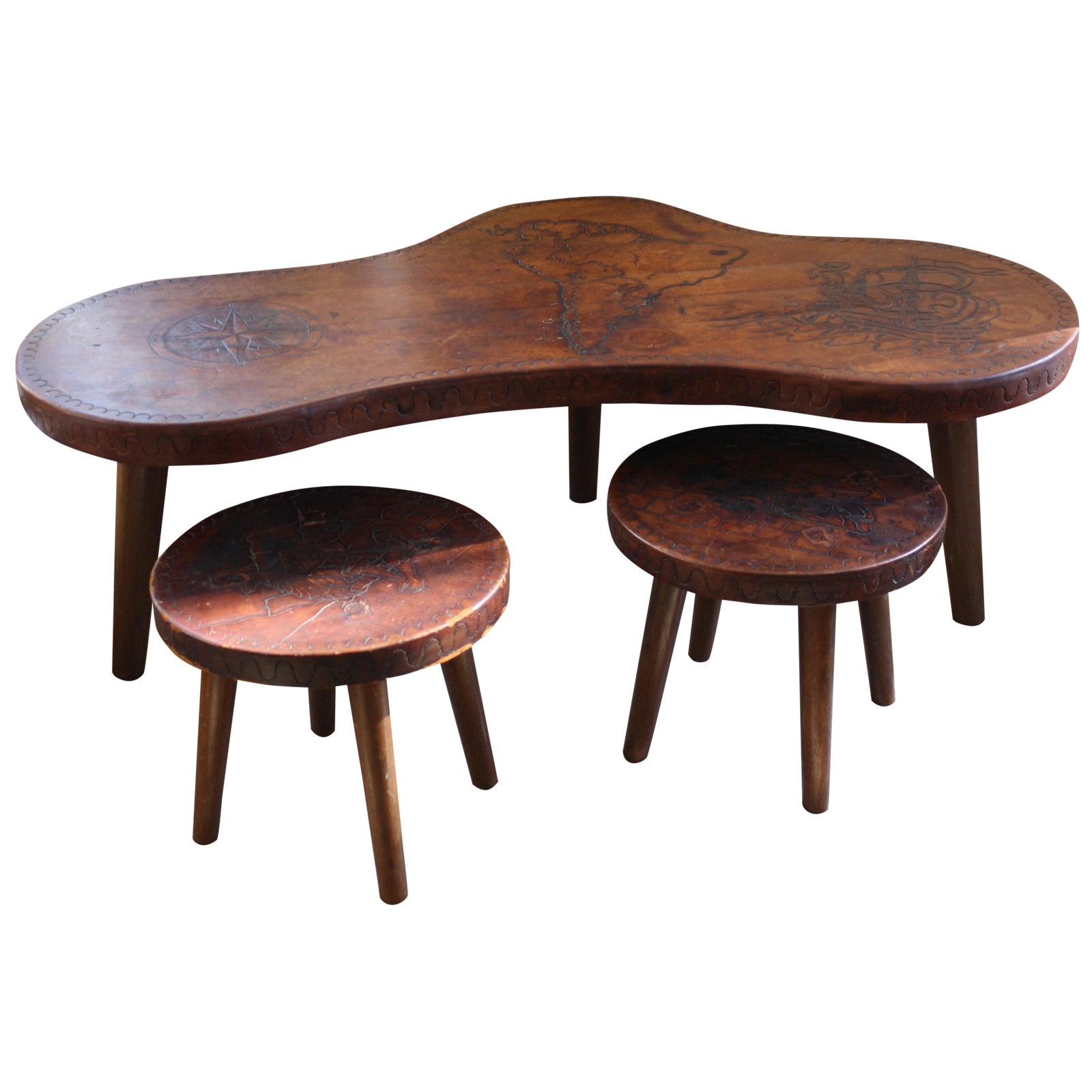 Mid Century Peruvian Leather Coffee Table & Stools