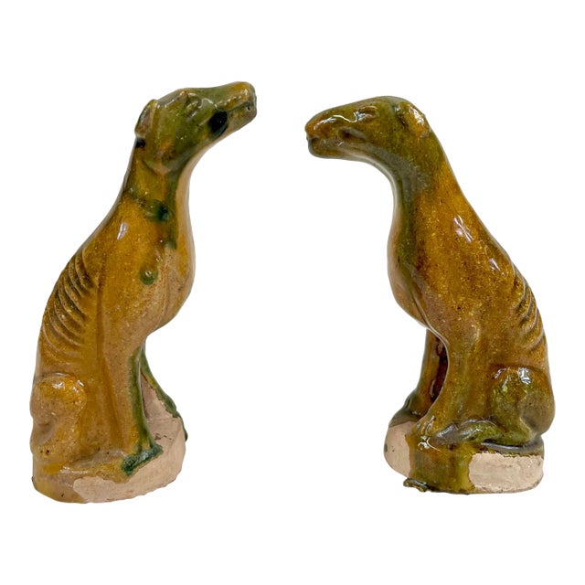 Set of 2 1980s Ceramic Yellow Greyhound Dog Figures Set A For Sale
