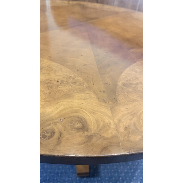 1960s Mastercraft Burl Wood Expandable Round Dining Table With Brass Pedestal Base and Three Leaves For Sale - Image 10 of 12