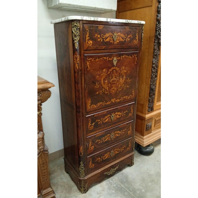 Louis XV Style Drop-Front Secretary in Marquetry Wood with Veined White Marble Top For Sale - Image 4 of 7