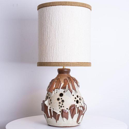 White Brique Ceramic Floor Table Lamp with Silk Lampshade attributed to R. Houben, 1970s For Sale - Image 9 of 13
