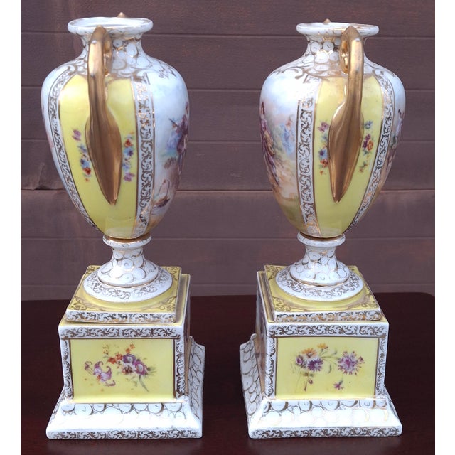 Victorian Pair Hand Painted Royal Vienna Porcelain Two-Handle Vases , Circa 1880s For Sale - Image 3 of 8