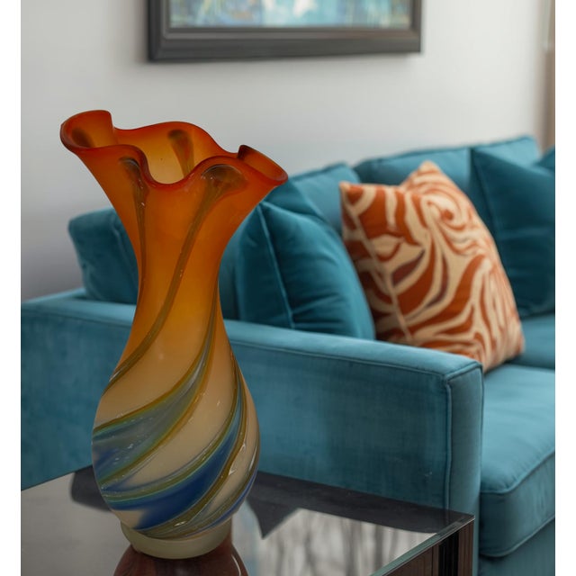 Late 20th Century Zareh Orange Art Glass Fazzoletto Vase With Green Blue Swirl For Sale - Image 5 of 18