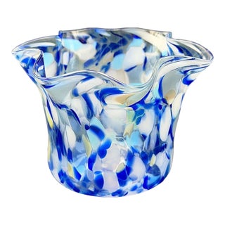Vintage MCM Signed Hand Blown Confetti Ruffled Art Glass Bowl Handkerchief Vase For Sale
