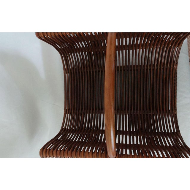 Vintage Large Reed Rattan Magazine Basket With Bent Wood Handle For Sale - Image 4 of 6