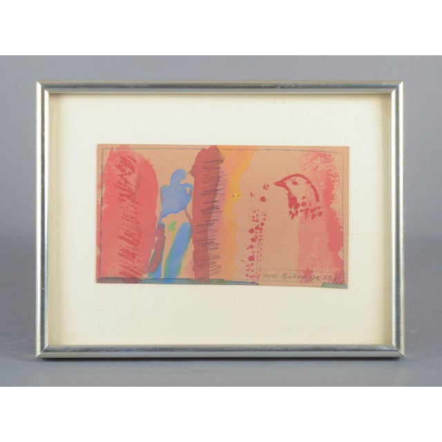 Jens birkemose, denmark. Oil on paper. Composition with bird motif. A vibrant and dreamlike composition where figurative...