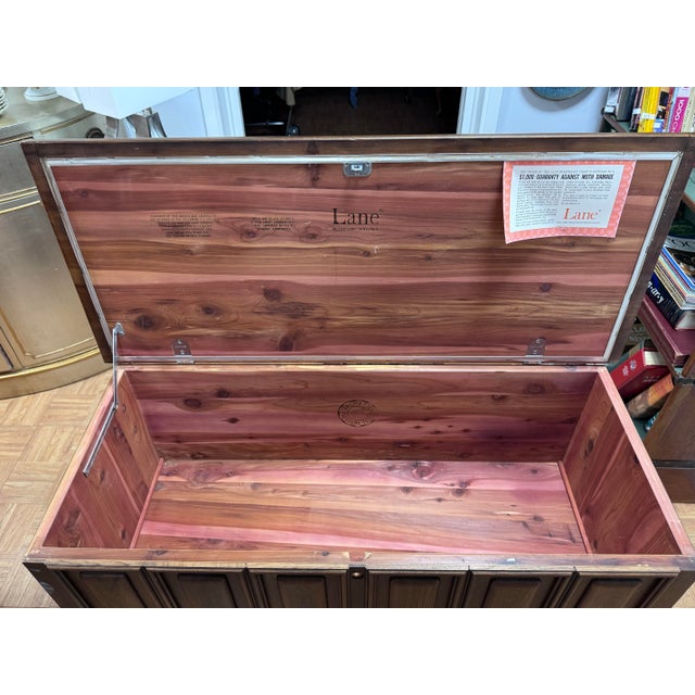 Mediterranean 1966 Lane Mediterranean Cedar Chest With Drawer | Raised Panel Pecan Blanket Chest | Aroma-Tite Hope Chest For Sale - Image 3 of 12