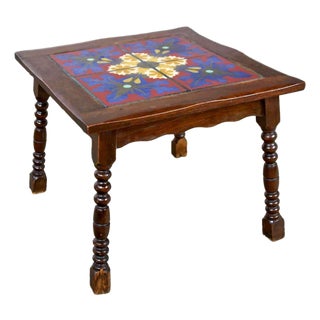 Vintage Mission Spanish Revival Style Tile Top Side or End Table With California Catalina or Taylor Style Tiles For Sale