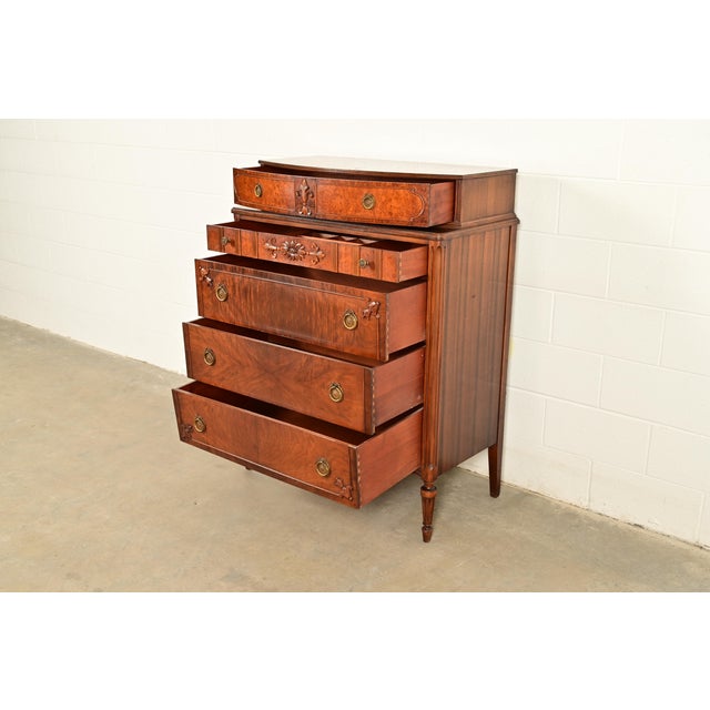 Antique French Regency Louis XVI Burled Walnut Highboy Dresser by Simmons Furniture, Circa 1930s For Sale In South Bend - Image 6 of 14