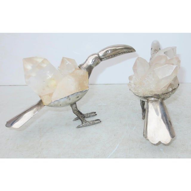 1970s Gerson Brazilian Rock Crystal and Silvered Brass Toucans -A Pair of 2 For Sale - Image 5 of 7