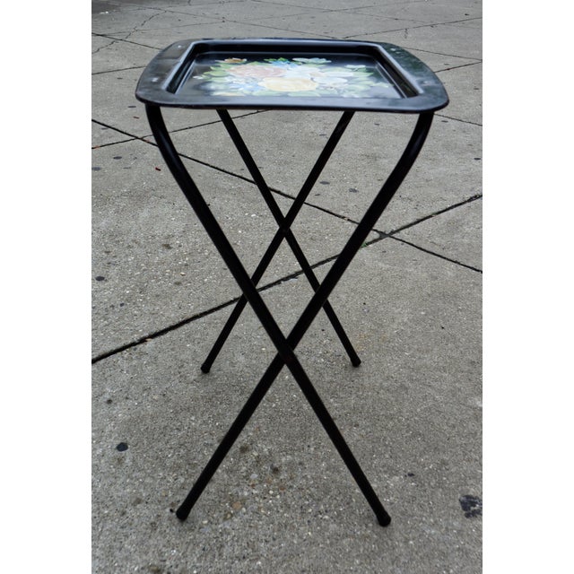 Metal Hand Painted Floral Tv Folding Tray Tables Set of 4 For Sale - Image 7 of 7