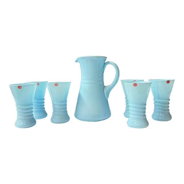Vintage Italian Art Glass Opaline Pitcher & Drinking Glass Set – 7 Pieces For Sale