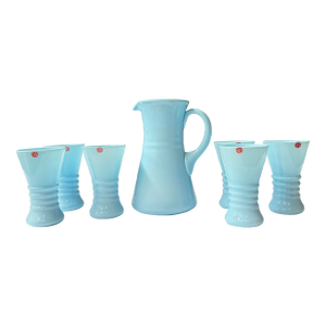 Vintage Italian Art Glass Opaline Pitcher & Drinking Glass Set – 7 Pieces