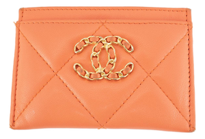 Chanel Coco Orange Lambskin 19 Quilted CC Card Holder Wallet