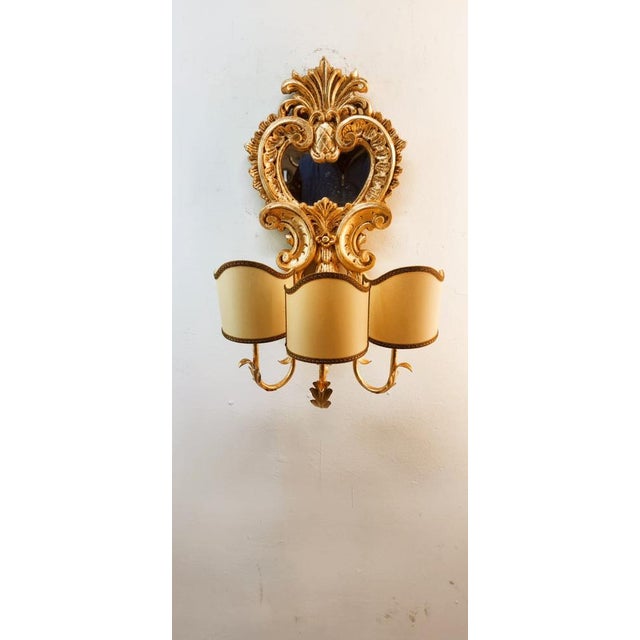 Metal Wood Applique with Mirror and Gold Leaf with Parchment Lampshades For Sale - Image 7 of 18
