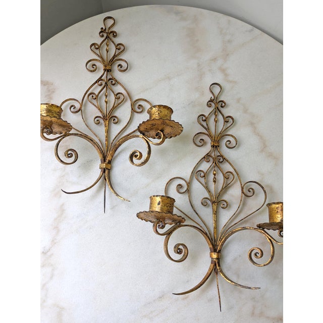 Late 20th Century Large Vintage Italian Gilt Candle Sconce | Double Arm Wall Hanging Candle Holder For Sale - Image 5 of 5