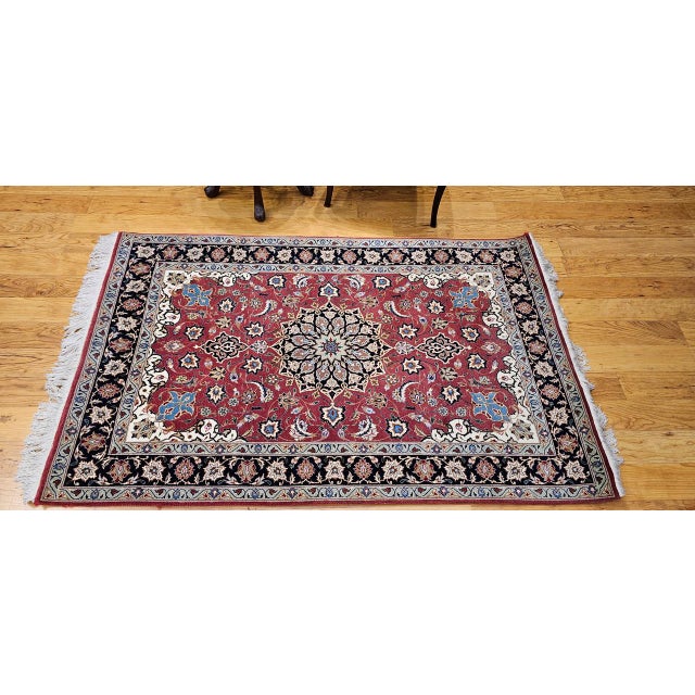 Textile Vintage Persian Tabriz Area Rug, Hand-Knotted Wool & Silk, Floral Pattern, Pomegranate-Red & Navy, 3x5 For Sale - Image 7 of 18