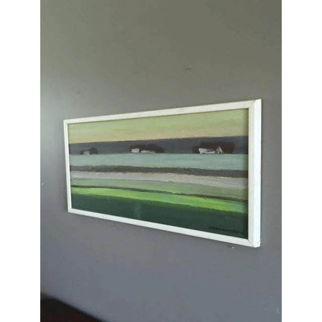 1970s 1970 Modernist 'Houses on the Horizon' Original Vintage Swedish Abstract Landscape Oil Painting, Framed For Sale - Image 5 of 11