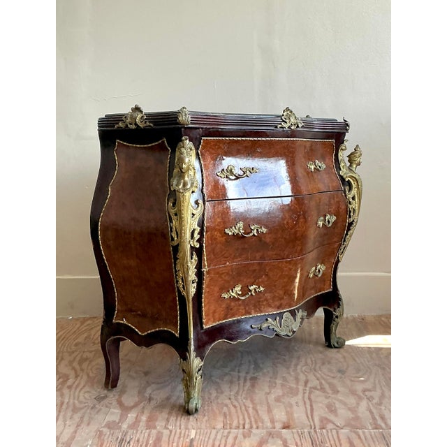 Rococo Vintage Regency Burl and Ormolu Chest of Drawers For Sale - Image 3 of 12