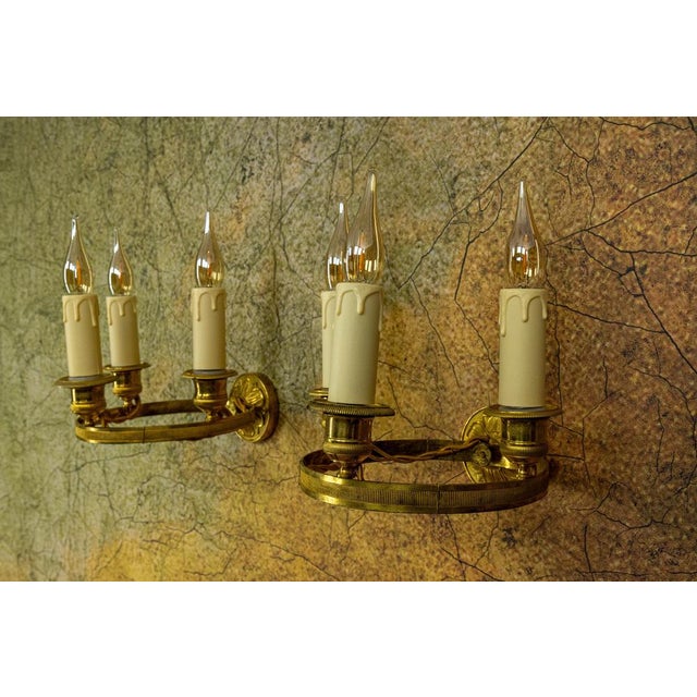 Empire French Brass and Bronze Three-Light Wall Sconces, 1920s, Set of 2 For Sale - Image 11 of 18