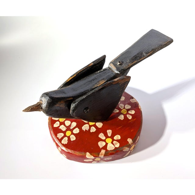 Farmhouse Contemporary Folk Art by Mikel Davison - Little Black Bird on Flowered Red Base For Sale - Image 3 of 6
