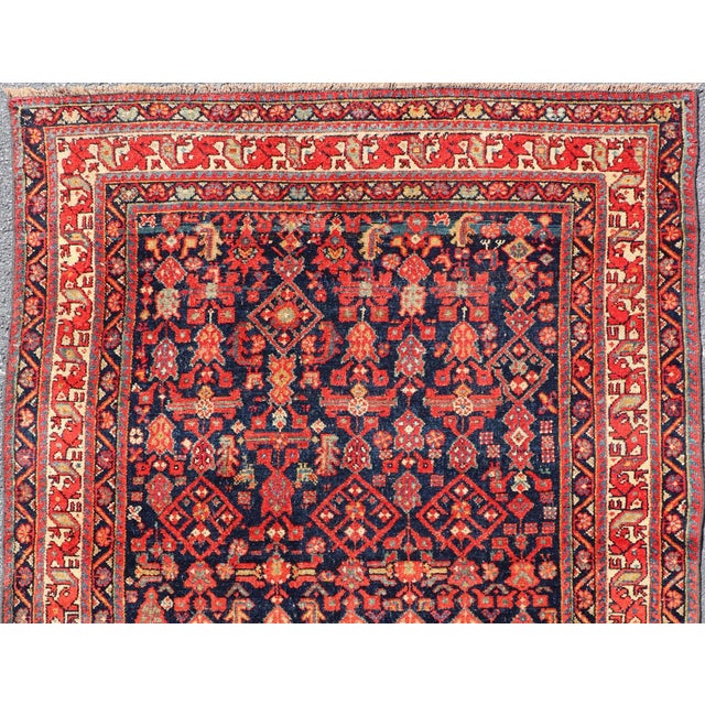 Tribal Antique Kurdish Rug With Navy Blue Field, Red Tribal Motifs and Ivory Border 4'9 X 6'5 For Sale - Image 3 of 10