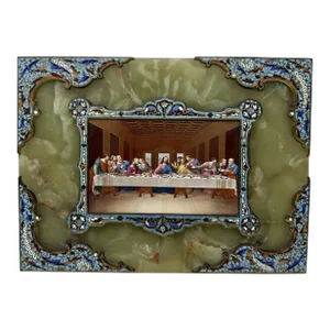 Antique Religious Grand Tour Plaque Last Supper Painting Alabaster Champleve