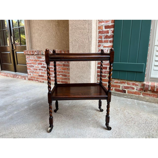English Antique English Barley Twist Tea Trolley Bar Cart Table Tiger Oak Dumbwaiter For Sale - Image 3 of 18