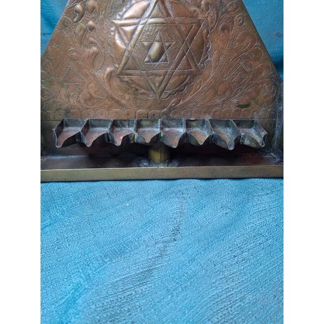 Rare 19thC Moroccan Brass Hanukkah Menorah Hand-Repoussé Maghrebi Judaica Oil For Sale - Image 10 of 17