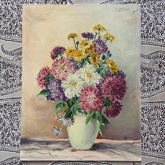 French Artist, Still Life of a Vase of Dahlias, 1960s, Oil on Canvas For Sale - Image 10 of 10