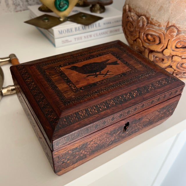 Antique English Wood Inlay Tunbridge Box With Bird Motif For Sale - Image 11 of 11