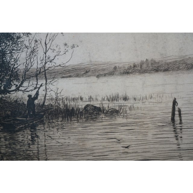 Antique Benjamin Lander Signed Waterfront House Figure in Boat Etching 21" For Sale - Image 11 of 12