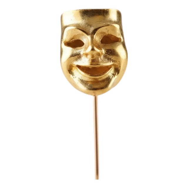 18k Yellow Gold Italian Theater Mask Stick Pin Vintage Unisex Lapel Pin For Sale