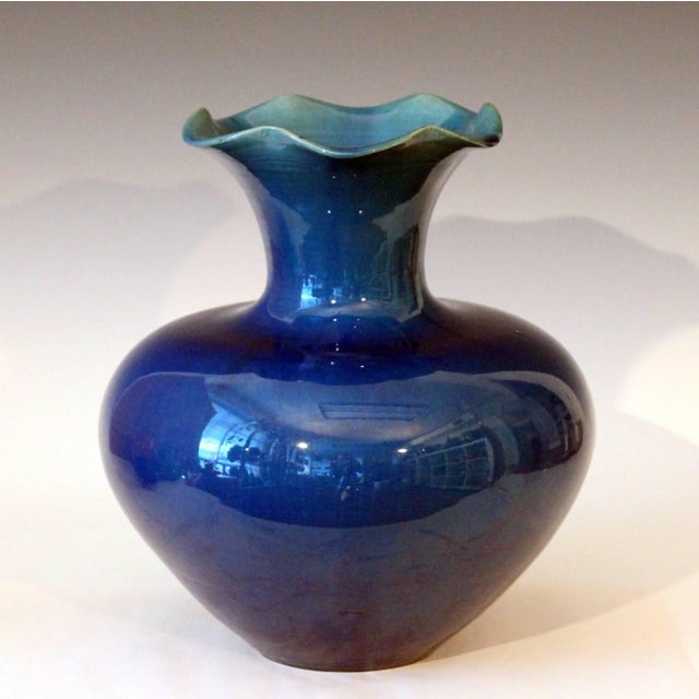 Art Nouveau Large Antique Art Nouveau Awaji Pottery Vase With Blue Monochrome Glaze For Sale - Image 3 of 8